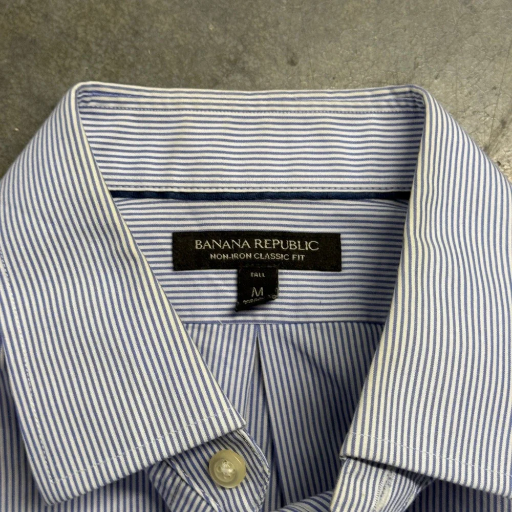 Banana Republic Mens Blue White Striped Non-Iron Classic Fit Shirt Medium Tall